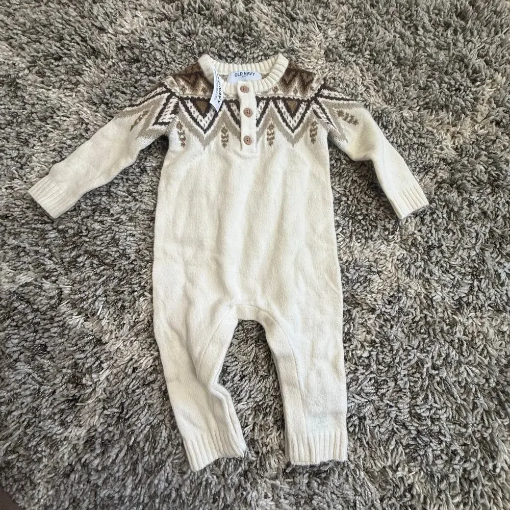 NWT Old Navy Fair Isle Sweater Romper Outfit Cream Brown Baby Boy 6-12 Months